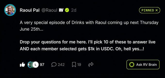 The image shows a post from Raoul Gmi, where he invites followers and viewers to participate in a Q&A session with him on Saturday, June 25th at 10 am USDC. The post encourages users to drop their questions related to various topics including drinks and other matters. It also provides an option for attendees to select $1k in USDC as the value of the question they wish to answer. The post ends by asking if anyone is still available to participate, signaling the end of the Q&A session.