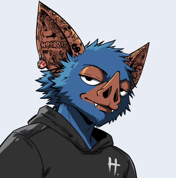 An illustration of a blue anthropomorphic character with horns tattooed with doodles and money symbols, wearing a black hoodie.