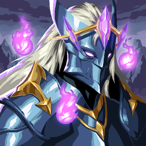 A fantasy character portrait of a horned, armored warrior with long white hair wielding purple flames, likely from the game Raid: Shadow Legends.
