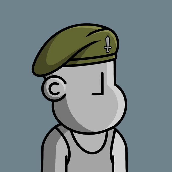 A cartoon character wearing a green beret with a dagger pin and a grey tank top is depicted, visually matching the text description "Sargent wifebeater."