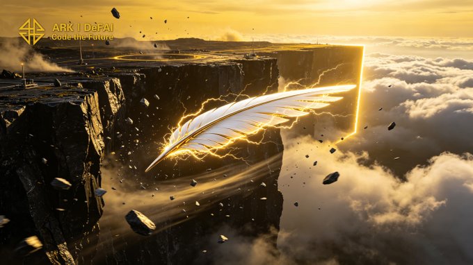A radiant golden wing soars across a glowing chasm above the clouds, symbolizing bold progress beyond limits, with the logo and tagline "ARK | DeFAI — Guide the Future" in the upper left, mirroring the caption's theme of daring to cross the edge of possibility with the Arkie AI App.