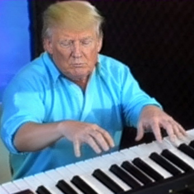 A humorous image of former President Donald Trump playing a keyboard with both hands, wearing a light blue shirt.