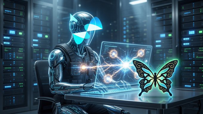 A futuristic illustration of a robotic figure with glowing blue helmet working on a holographic laptop in a server room, with a neon green butterfly hovering nearby.