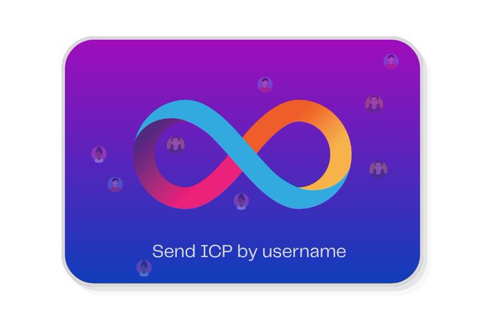 A gradient card features an infinity symbol surrounded by small user avatars, with the text "Send ICP by username" — visually conveying ICPay's main feature of allowing seamless, infinite money transfers on the Internet Computer Protocol using simple usernames instead of long principal IDs.