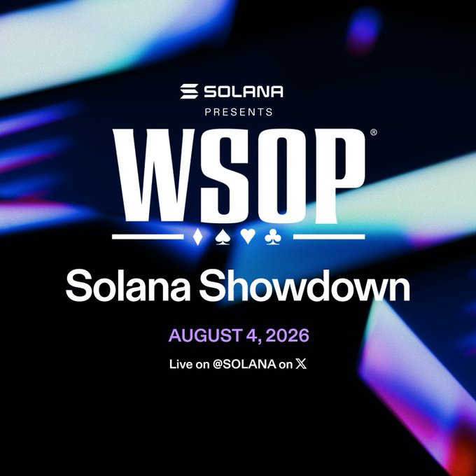 This image advertises "Solana Presents WSOP Solana Showdown" happening on August 4, 2026, live on @Solana on X. It visually represents a poker event with the WSOP branding and poker suit symbols.