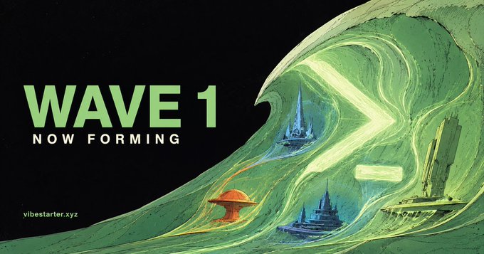 A digital artwork with the green text 'WAVE 1 NOW FORMING' and 'vibestarter.xyz', depicting a green wave containing miniature sci-fi structures and spaceships against a black background.