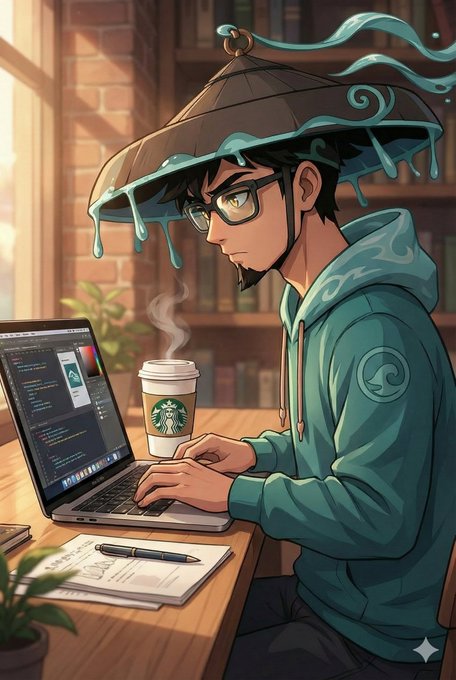 An anime-style illustration depicts a young man with glasses wearing a conical hat with flowing blue accents and a teal hoodie, working on a laptop displaying code next to a steaming Starbucks coffee cup.