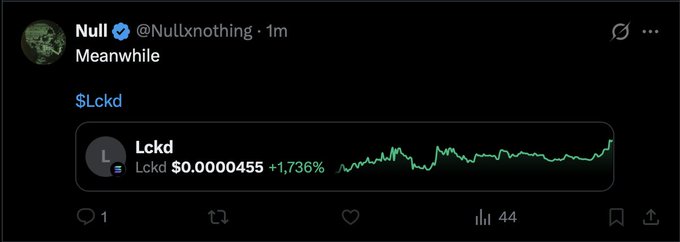 A screenshot of a tweet from "Null @Nullxnothing" showing the cryptocurrency ticker $Lckd at $0.0000455 with a +1,736% gain, illustrating the post's warning about $Lckd being a rug pull scam alongside $daemon and $augur.
