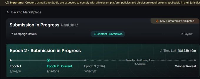 A Kaito Studio screenshot showing 'Submission in Progress' for Epoch 2, with a timeline indicating Epoch 1 (8/19-9/18) and Epoch 3 (10/19-11/17) and 5,672 Creators Participated.