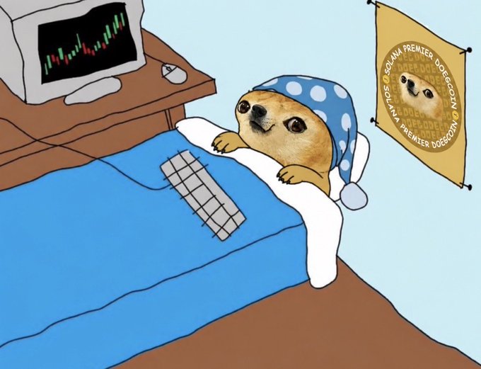 A cartoon illustration of a doge meme character wearing a blue polka-dot sleeping cap, lying in bed under a blue blanket, looking at a computer monitor displaying a green and red trading chart. A yellow pennant on the wall reads 'SOLANA PREMIER DOGECOIN'.
