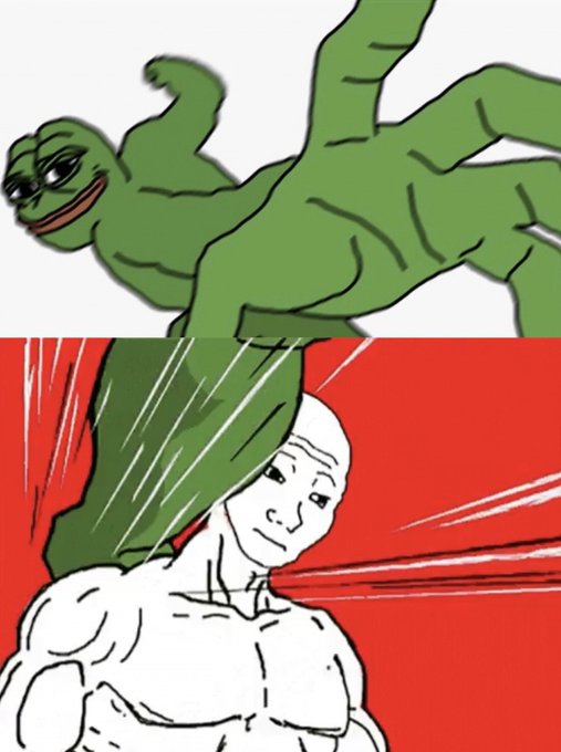 A two-panel meme shows Pepe the Frog falling upside-down and landing on the head of a Wojak character, humorously depicting the unification of the two popular meme coin communities on Robinhood Crypto.