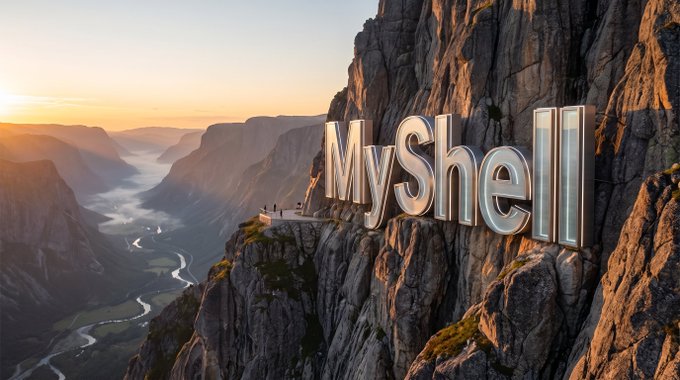 A dramatic cliffside at sunrise reveals the large metallic text "MyShell" perched prominently atop the rock face, with tiny figures visible on a viewing platform below—visually reinforcing the post's message that bold builders, like those at MyShell, create ecosystems by choosing to construct something monumental rather than remain passive observers.