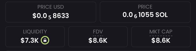 The image shows a cryptocurrency token dashboard with key metrics: a price of $0.0058633 USD (0.00061055 SOL), $7.3K in liquidity (with a locked indicator), and an $8.6K FDV/Market Cap. 

This screenshot of a small-cap meme coin's metrics ties into the post, which brags about previous multi-thousand-x gains on tokens like $Ansem, $Fartcoin, $Cashcat, $TRUMP, $Troll, and $penguin—suggesting the next low-liquidity gem he's "begging" followers to buy may be the one shown.