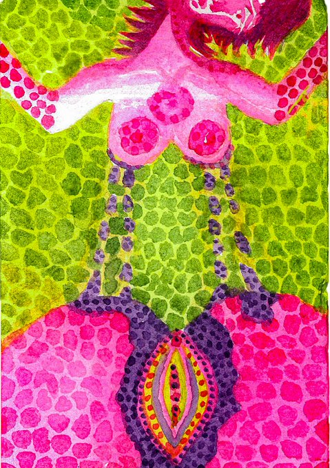 A vibrant, abstract illustration shows a pink, stylized figure with raised arms and textured patterns against a lime green, scale-like background, with a purple, ornate shape centered at the bottom.
