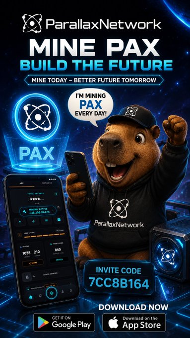 An advertisement for ParallaxNetwork with a 3D bear mascot wearing branded clothing and holding a phone, featuring the text "MINE PAX BUILD THE FUTURE," "I'M MINING PAX EVERY DAY!", and the same invite code "7CC8B164" as before.