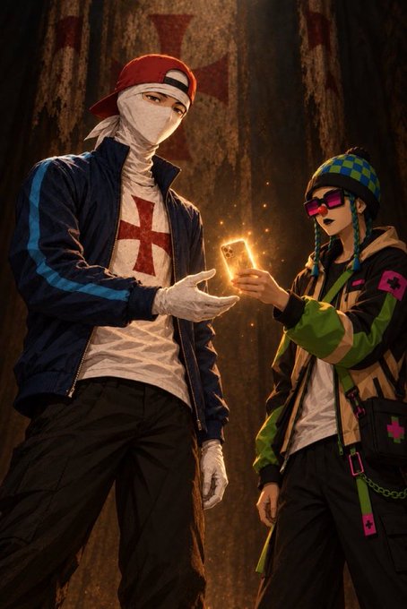 A digital illustration of two stylized characters wearing masks and streetwear, exchanging a glowing phone against a patterned curtain backdrop.