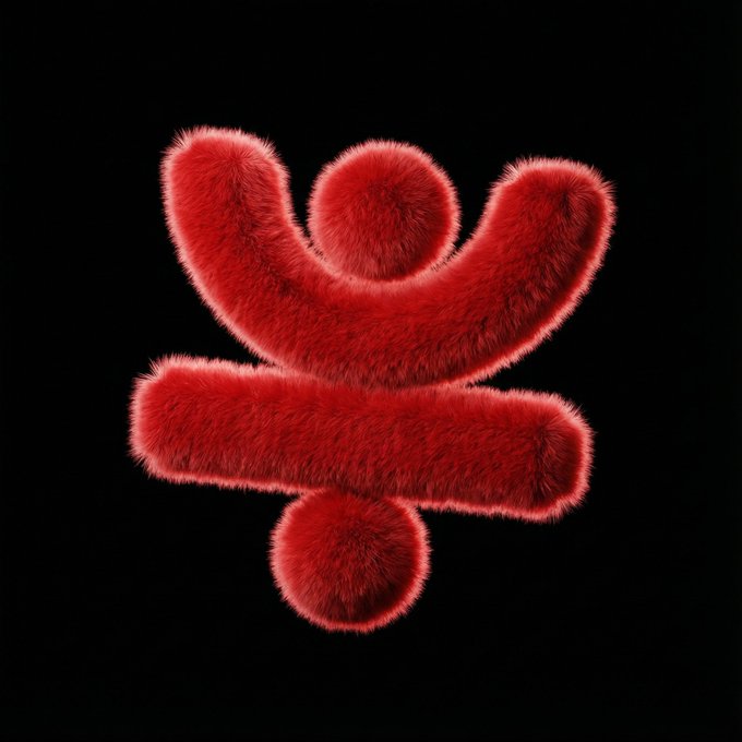 A 3D rendered Chinese/Japanese character '学' (meaning study/learn) in fluffy, fur-textured red against a black background.