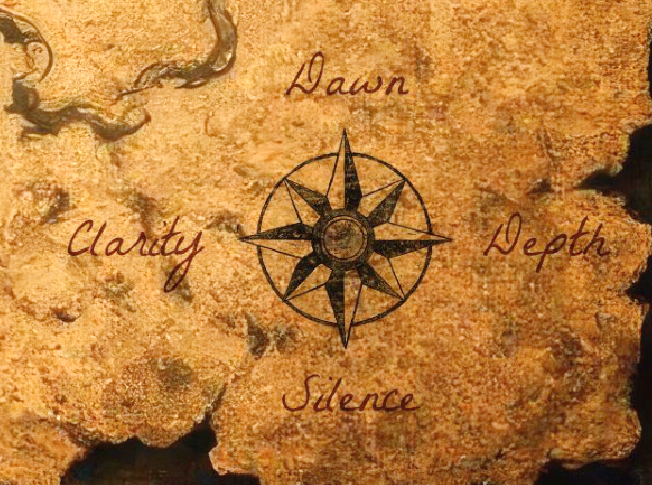 An old parchment-style illustration with a compass rose in the center, surrounded by the words 'Dawn', 'Clarity', 'Depth', and 'Silence' written in cursive script.