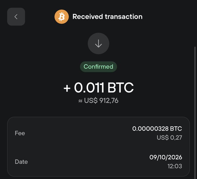 A screenshot of a Bitcoin wallet app displaying a confirmed received transaction of +0.011 BTC (approximately US$ 912.76) dated 09/10/2026 at 12:03, with a fee of 0.00000328 BTC. The image corroborates the post's claim of receiving a R$4,500 Bitcoin payment, showing the transaction has been successfully processed on the blockchain.