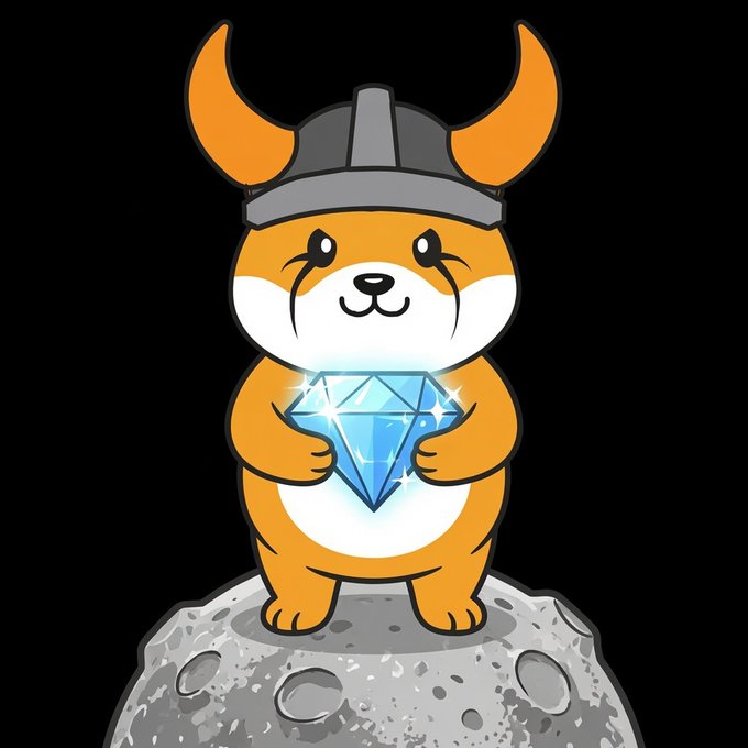 A cartoon illustration of an orange Shiba Inu dog wearing a Viking helmet with orange horns, standing on a gray moon while holding a large blue diamond.