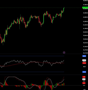 A candlestick chart displays Bitcoin's price action in late July, showing an upward oscillation between approximately 59,400 and 65,400 USD, accompanied by two oscillators at the bottom—likely an RSI and MACD—confirming the steady bullish pattern referenced in the post. The visible price levels on the right axis (e.g., 65,400, 63,000, 59,400) support the claim of "steady oscillation upward" during the discussed timeframe.