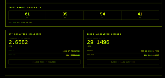 A digital dashboard with yellow text on a black background displays a countdown timer, 'NFT ROYALTIES COLLECTED' showing 2.6562 ETH, and 'TOKEN ALLOCATION ACCRUED' at 29.1496 MSTR.