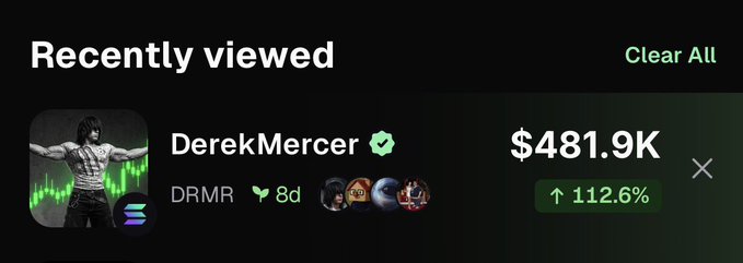 A 'Recently viewed' profile card for a Solana token called 'DerekMercer' (DRMR), showing a value of $481.9K with a 112.6% increase, accompanied by an avatar of a person with a green audio waveform.