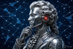 A metallic robotic figure with curly hair and a glowing red eye holds its chin in thought against a dark blue background featuring geometric network patterns.