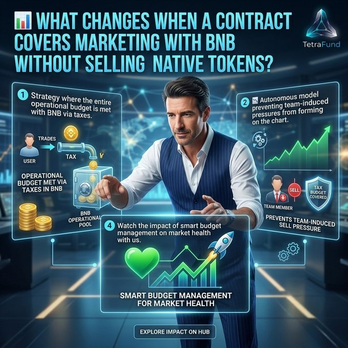 The image is a TetraFund promotional graphic titled "WHAT CHANGES WHEN A CONTRACT COVERS MARKETING WITH BNB WITHOUT SELLING NATIVE TOKENS?" featuring a confident man in a vest interacting with four numbered holographic panels explaining the strategy: (1) operational budget met via BNB taxes with icons of users, trades, and a BNB pool, (2) an autonomous model preventing team-induced sell pressure, (3) tax budget coverage, and (4) smart budget management for market health with a green heart and growth chart, with a call-to-action button reading "EXPLORE IMPACT ON HUB."