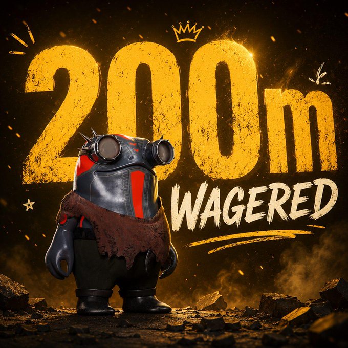 A stylized character wearing goggles and a tattered scarf stands on a rocky surface, with bold text reading "200M WAGERED" prominently displayed behind them. The image ties to the post by celebrating a milestone achievement, suggesting "something special" is being prepared to thank the community for their support.