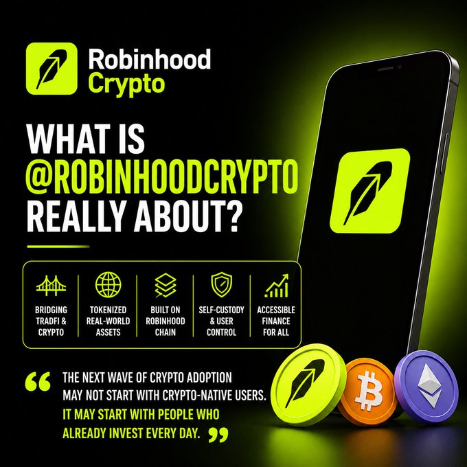 A Robinhood Crypto promotional graphic asking 'WHAT IS @ROBINHOODCRYPTO REALLY ABOUT?' highlighting features like bridging traditional and crypto finance, tokenized assets, and accessible finance for all.