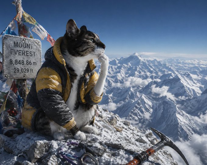 A surreal AI-generated image of a tabby cat dressed in mountaineering gear, sitting on the summit of Mount Everest next to a plaque reading 'MOUNT EVEREST 8,848.86 m 29,029 ft'.