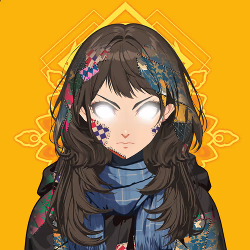 A stylized anime-style portrait of a character with long brown hair, glowing white eyes, a blue scarf, and a colorful patchwork headpiece against a yellow background with a floral mandala design.