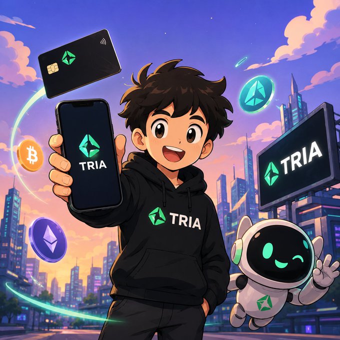 The image features a young boy holding up his cell phone displaying the word "Tria" along with an image of a robot. The boy appears to be happy and proud while showing off his phone, which has a cryptocurrency logo displayed on its screen. The background includes a cityscape with buildings, suggesting that this scene takes place in an urban setting. The post about @useTria Crypto emphasizes the importance of using a self-custodial neobank for managing digital assets and trading crypto efficiently without having to manage multiple apps.