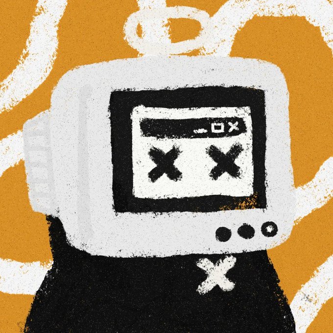 An illustrated cartoon of a robot with 'X X' eyes (eyes closed) on a screen, wearing a shirt with an 'X' design, set against a mustard-yellow background.