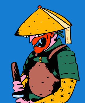 A colorful cartoon illustration of a red-bearded figure wearing a yellow conical hat, a green robe, and yellow polka-dot pants, holding a staff.