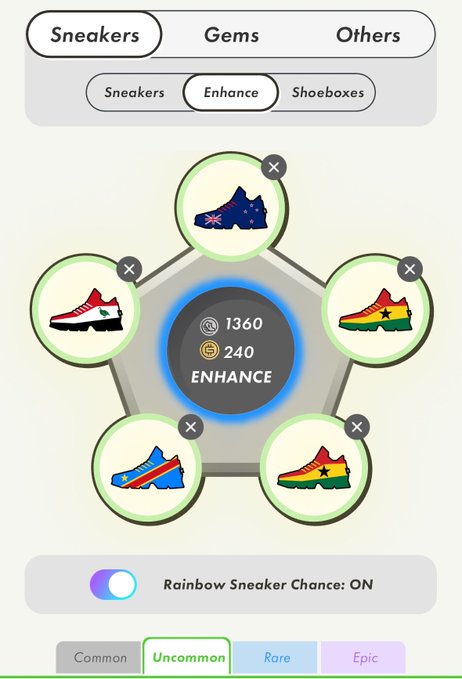 A STEPN app screenshot showing the Sneaker enhancement interface with five country-themed sneakers (Australia, Ghana, Serbia, and two Ghana variants) arranged around a central Enhance option costing 1360 GST and 240 GMT, with Rainbow Sneaker Chance toggled on. This relates to the post about converting sneakers into World Cup countries' flags as the tournament finals approach.