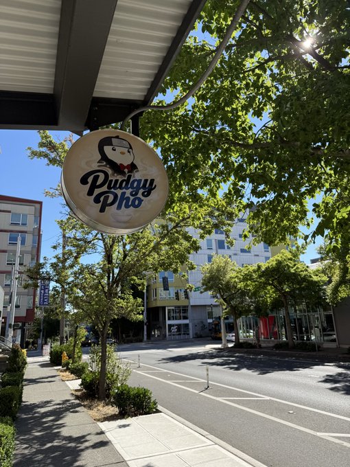 A street view of a Pudgy Pho restaurant sign featuring a cartoon penguin logo, hanging from an awning on a tree-lined street with buildings in the background.