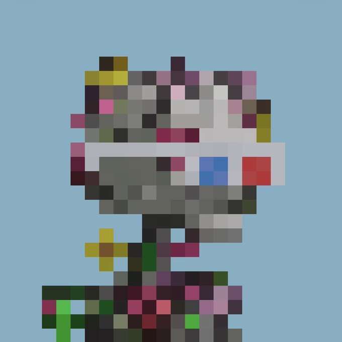 A pixelated digital artwork featuring a character with a colorful, chaotic head and a rainbow stripe across the eyes, rendered in a distinctly 8-bit aesthetic on a light blue background—evoking the retro, digital-native vibe of the Argonauts NFT collection being discussed.