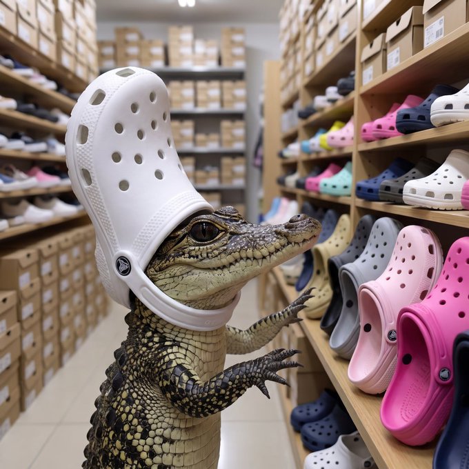 A crocodile wearing a Crocs shoe stands in a shoe store aisle lined with colorful Crocs footwear and boxes. The image humorously visualizes the crypto call for "$CROCS," using the playful mascot to hype the token.