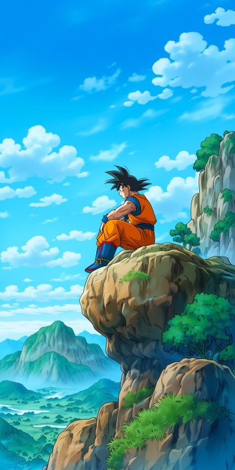 An anime illustration of Goku from Dragon Ball Z sitting on a rocky cliff edge, gazing out at a vast mountainous landscape under a bright blue sky with fluffy clouds.