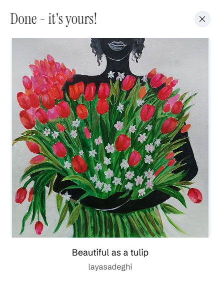 A digital art piece titled 'Beautiful as a tulip' by layasadeghi depicts a silhouette of a woman whose body is composed of a colorful bouquet of red and pink tulips with small white flowers.