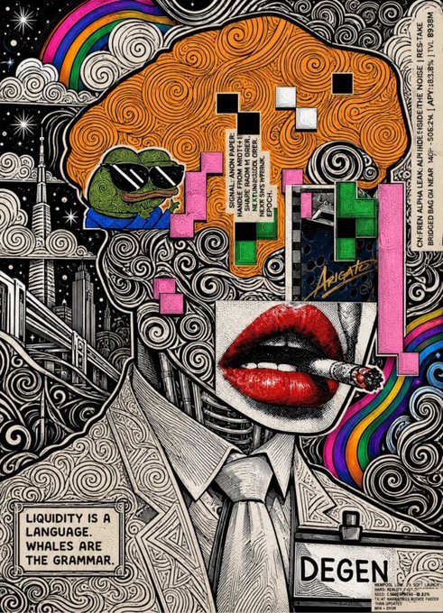 A complex collage-style artwork depicts a figure in a suit with red lips smoking a cigar, featuring Pepe the Frog in sunglasses, a city skyline, rainbows, and text reading 'LIQUIDITY IS A LANGUAGE. WHALES ARE THE GRAMMAR.' and 'DEGEN'.