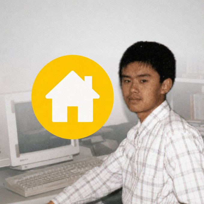 The image shows a young man (identified as CZ, Binance's founder) at a computer, overlaid with a yellow house logo symbolizing his early cryptocurrency journey. The caption highlights how in 2015 CZ sold his house for Bitcoin against his mother's wishes, and now the "house" token on BSC (CA: 0x5d0f0fa8a18941856f92dcbe629856bd121e7777) lets investors flip that script by trading house tokens for Bitcoin.