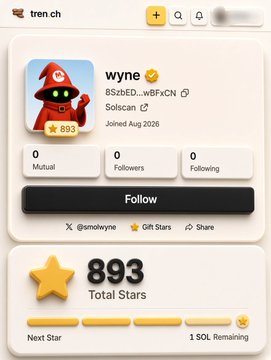A screenshot of the Trenches (tren.ch) profile page on the Solana network shows the user "wyne" with 893 Total Stars, 0 followers, and 0 following, highlighting the platform's new STAR Points farming system for a potential $TRENCH airdrop launching in September.