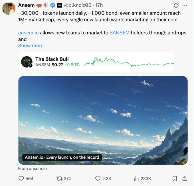 Screenshot of a tweet from user Ansem (@blknoiz06) stating '~30,000+ tokens launch daily, ~1,000 bond, even smaller amount reach 1M+ market cap, every single new launch wants marketing on their coin,' promoting ansem.io and featuring a link for 'The Black Bull' ANSEM token.