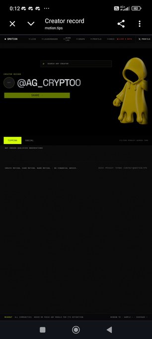 The image shows a "Creator record" page on motion.tips for the user @AG_CRYPTOO, featuring a yellow hooded character avatar and a green "SHARE" button. It illustrates step three of the tipping system instructions by demonstrating a creator's profile page where users can share their referral code after tagging @motiontip.