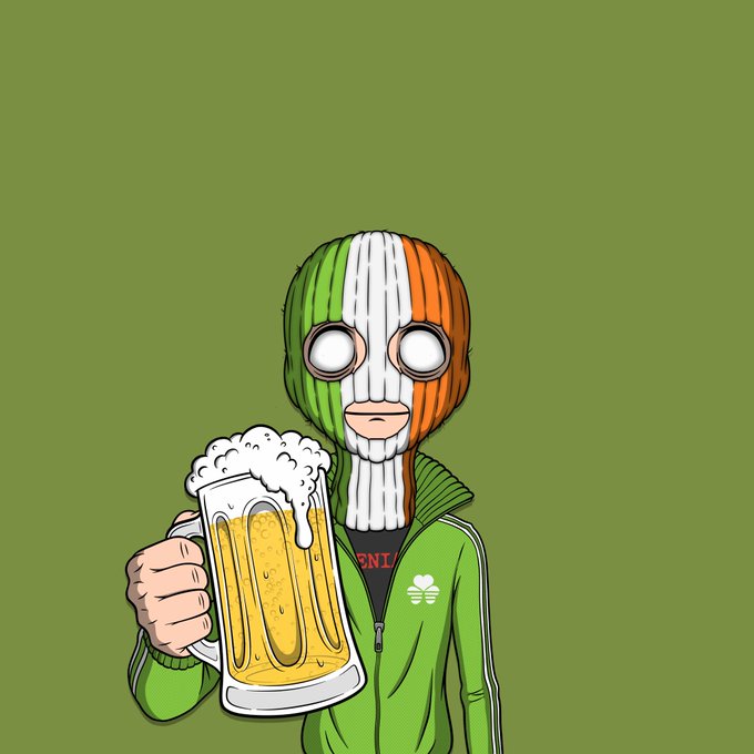 A cartoon character wearing an Irish flag-colored balaclava and a green Adidas track jacket, holding up a large frosty mug of beer against an olive green background.