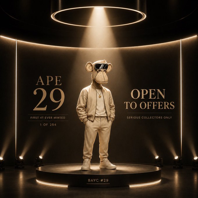 A Bored Ape wearing sunglasses and a beige tracksuit stands on a lit pedestal under a spotlight, with text reading "APE 29, FIRST 4T EVER MINTED, 1 OF 254" on the left and "OPEN TO OFFERS, SERIOUS COLLECTORS ONLY" on the right, with "BAYC #29" displayed on the base—perfectly matching the post seeking offers for BAYC #29.