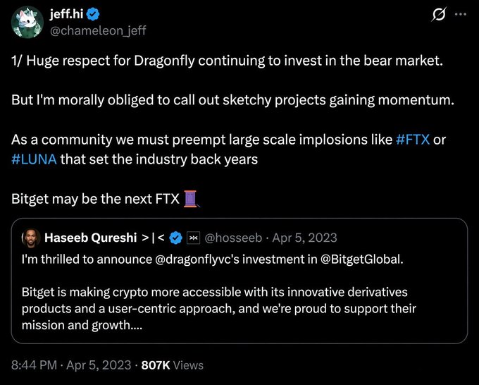 A tweet from jeff.hi (@chameleon_jeff) expressing concern that 'Bitget may be the next FTX' in response to Dragonfly's investment announcement by Haseeb Qureshi, dated April 5, 2023.